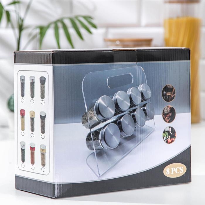 Набор для специй на подставке «Хай-тек», 16×16×16 см, ёмкость, 90 мл, 4×9,5 см, 8 шт Набор для специй на подставке «Хай-тек», 16×16×16 см, ёмкость, 90 мл, 4×9,5 см, 8 шт