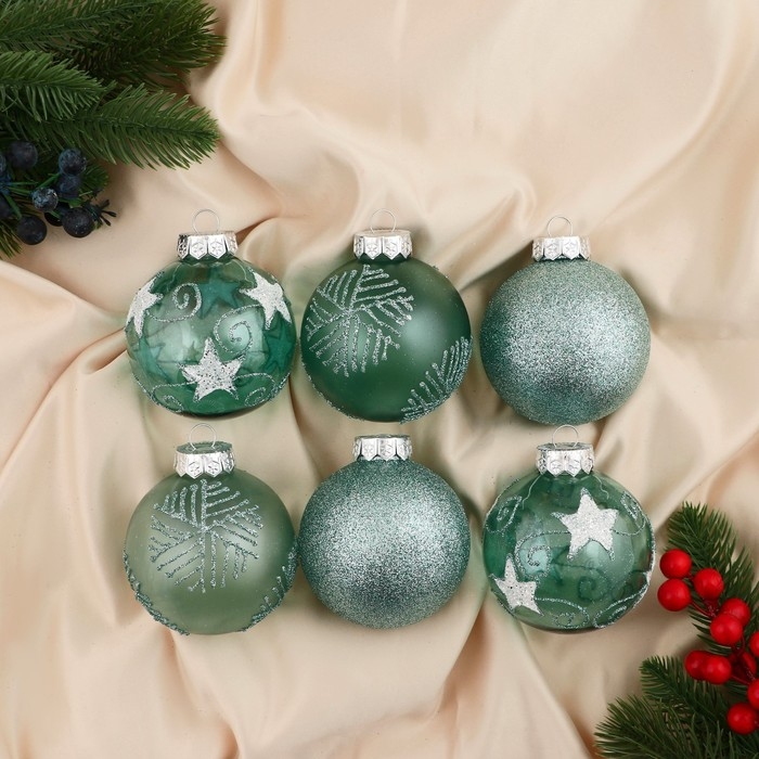 Набор шаров пластик d-8 см, 6 шт Набор шаров пластик d-8 см, 6 шт "Ночка" геометрия узор, зелёный