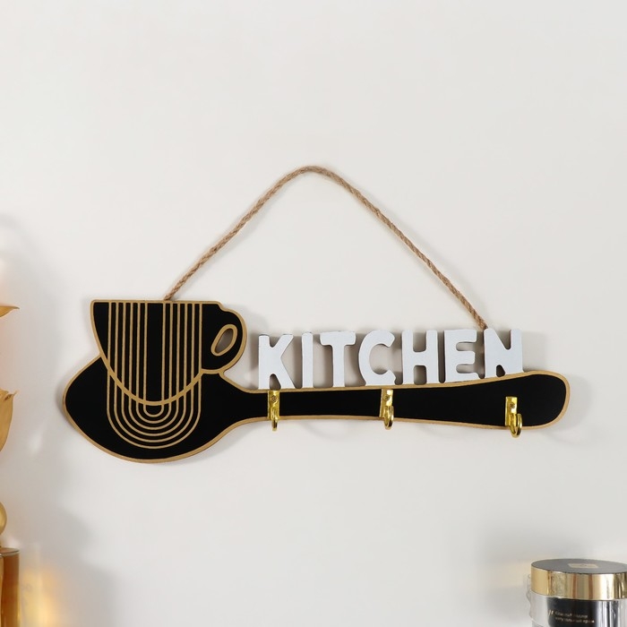 Крючки декоративные дерево Крючки декоративные дерево "Чашка с ложкой. Кухня" чёрный с золотом 32х10,2 см