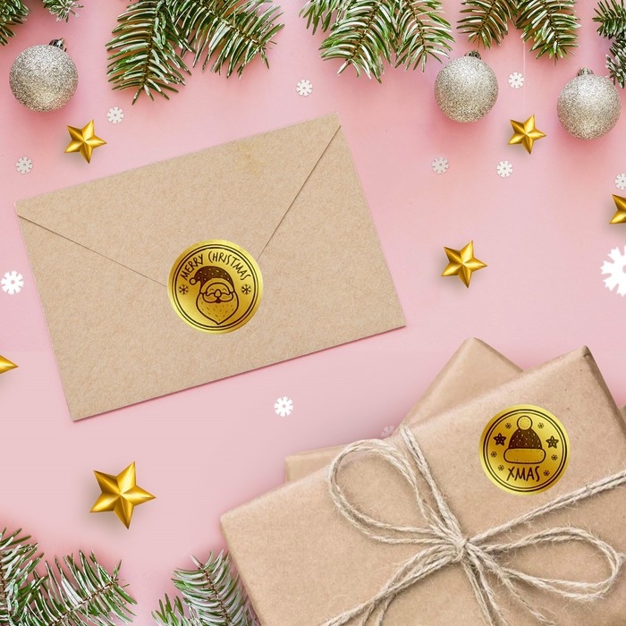 Новый год. Наклейки с тиснением в рулоне "Mary Christmas", 500 шт,2,5 х 2,5 см