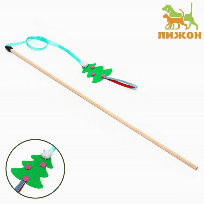 Новый год. Дразнилка-удочка на деревянной палочке для кошек, зелёный Новый год. Дразнилка-удочка на деревянной палочке для кошек, зелёный