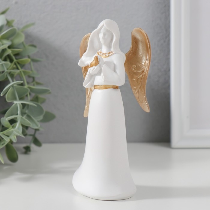 Сувенир полистоун Сувенир полистоун "Ангел-дева с птичкой" белый с золотом 13,5х4,2х6,5 см