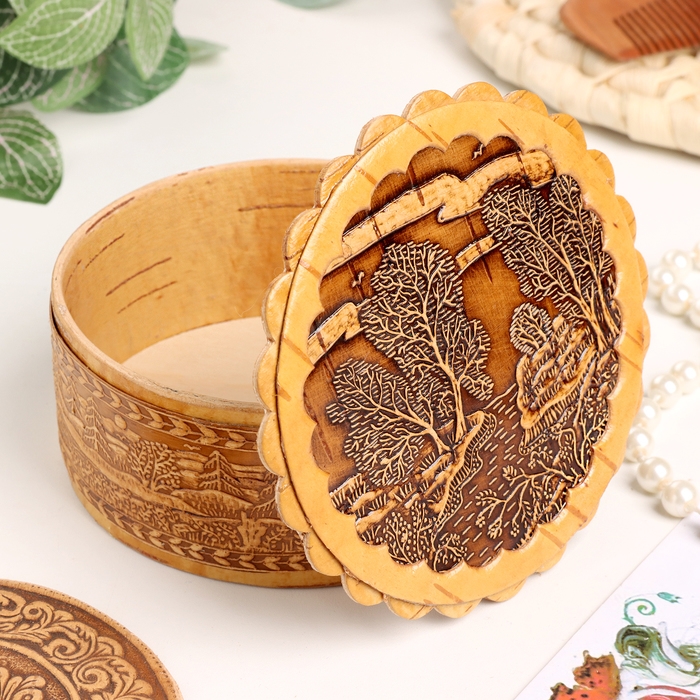 Шкатулка  Шкатулка "Пейзаж лесной", 100 х 40 мм, береста