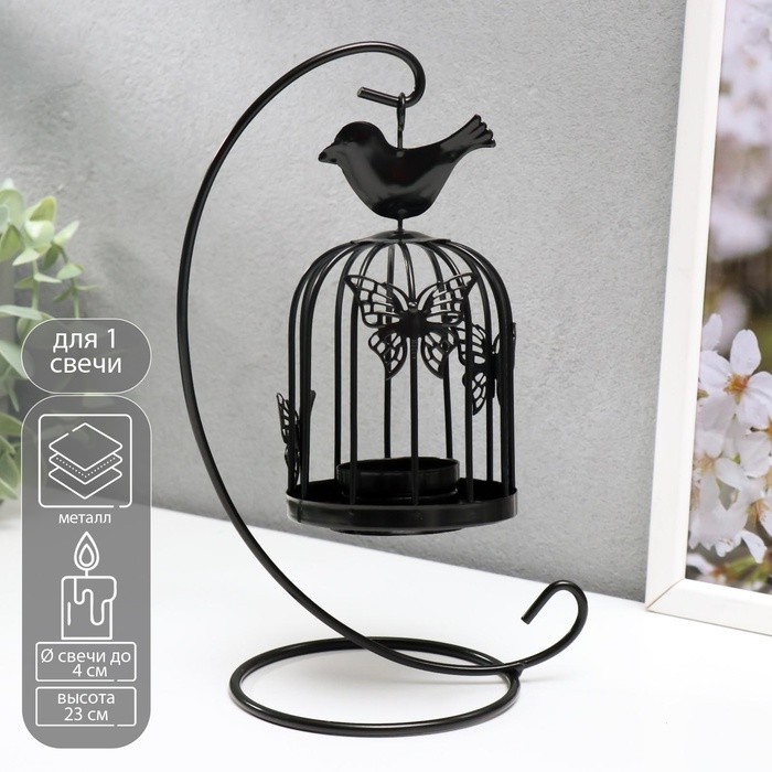 Подсвечник металл Подсвечник металл "Клетка с птичкой" черный, 23х10х10 см