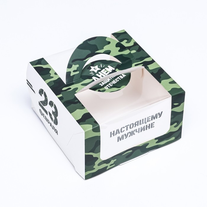 Коробка под бенто-торт с окном Коробка под бенто-торт с окном "Настоящему мужчине, 23 февраля", 14 х 14 х 8 см