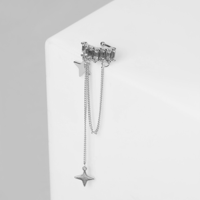 Серьга «Кафф» две звезды, цвет белый в серебре