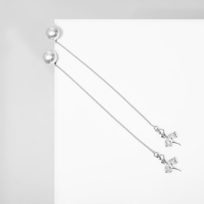 Серьги с жемчугом «Цепочки» балерина и бусина, цвет белый в серебре, шар №10 Серьги с жемчугом «Цепочки» балерина и бусина, цвет белый в серебре, шар №10
