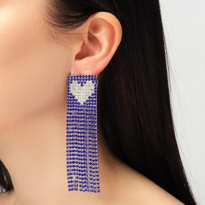 Серьги висячие со стразами «Грация» сердца в квадрате, цвет бело-синий в серебре, 9,5 см Серьги висячие со стразами «Грация» сердца в квадрате, цвет бело-синий в серебре, 9,5 см