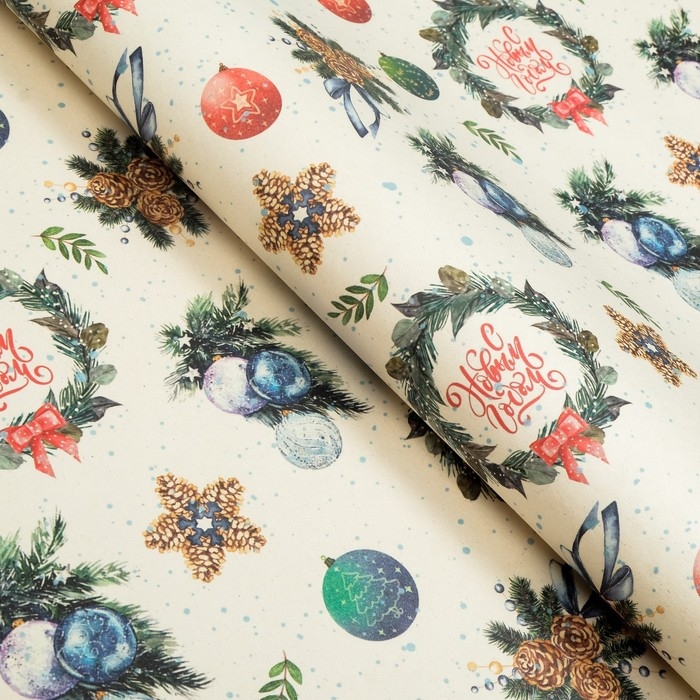 Новый год. Бумага упаковочная крафт  Новый год. Бумага упаковочная крафт "Венки",1 лист , 70 х 100 см