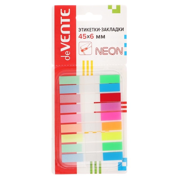 Закладки с клеевым краем 6 х 45 мм, 9 цветов по 10 листов, Z-сложение, пластиковые, deVENTE, Neon Закладки с клеевым краем 6 х 45 мм, 9 цветов по 10 листов, Z-сложение, пластиковые, deVENTE, Neon