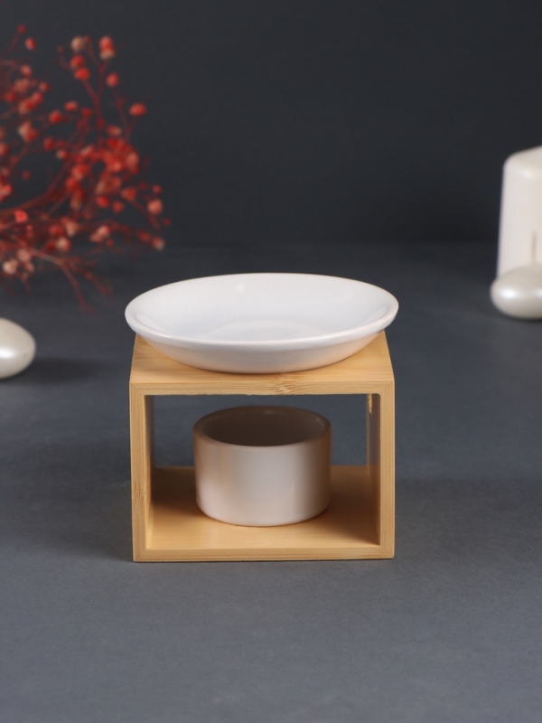 Аромалампа бамбук, керамика с подставкой под свечу "Строгие линии" белая 9,8х9,8х8 см