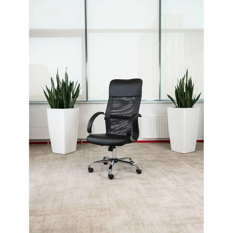 Кресло BN_Dt_EChair-575 TPU, кожзам черный, сетка черная