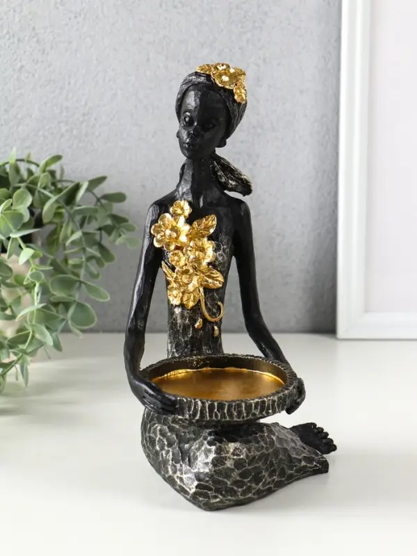 Подсвечник полистоун Подсвечник полистоун "Африканка в косынке с цветами" чёрный d=8 см 14х11,5х24,5 см