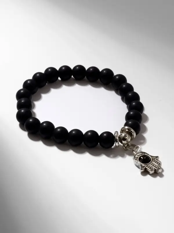 Браслет-оберег &laquo;Рука счастья Хамса&raquo;, шунгит, чёрный с серебром, d=6 см