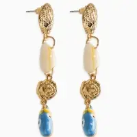 Серьги "Морской мир" рыбы с ракушками, цвет бело-зеленый в золоте