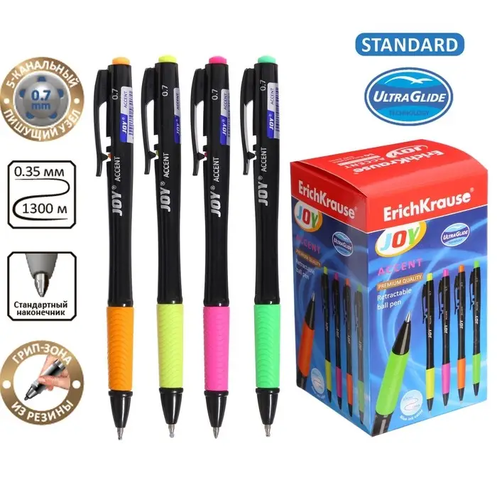 Ручка шариковая автоматическая ErichKrause JOY Accent, Ultra Glide, узел 0,7 мм, резиновый упор, супер-мягкое письмо, цвет чернил синий, МИКС Ручка шариковая автоматическая ErichKrause JOY Accent, Ultra Glide, узел 0,7 мм, резиновый упор, супер-мягкое письмо, цвет чернил синий, МИКС