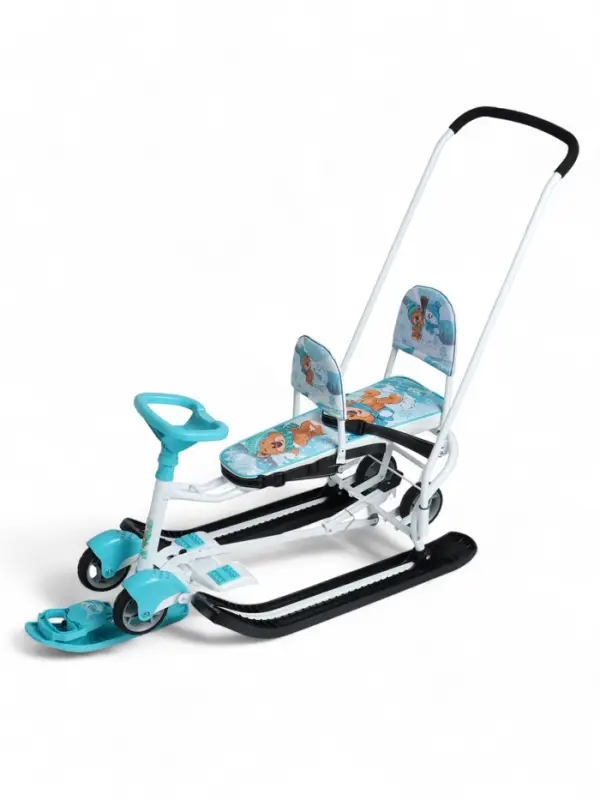 Снегокат «Тимка спорт 6Д» с забавными медвежатами, с двумя спинками, с родительской ручкой, бирюзовый, ТС6Д/ЗМ Nika