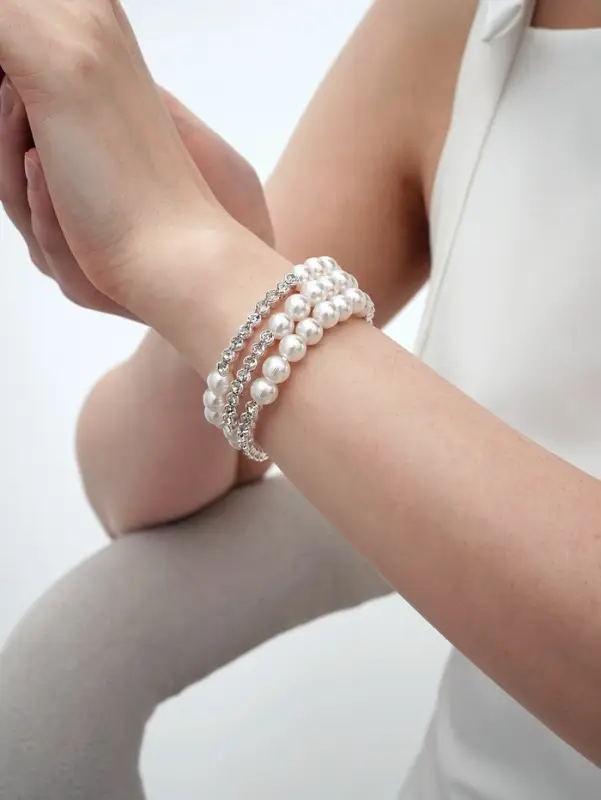 Браслет пружинка &laquo;Жемчуг. Стразы&raquo;, d=6 см, шар №8, белый в серебре