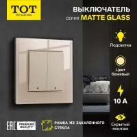 Выключатель TOT Matte Glass, 10 А, 2 клавиши, с подсветкой, скрытый монтаж, стеклянная рамка, бежевый