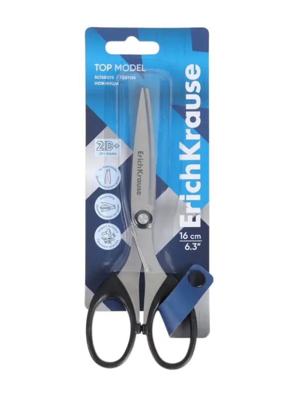 Ножницы ErichKrause Top Model, 16 см, с увеличенной толщиной лезвий из нержавеющей стали, чёрные