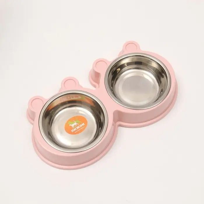 Миска металлическая двойная на пластиковой основе, 27,8 х 15,5 х 4 см, розовая Миска металлическая двойная на пластиковой основе, 27,8 х 15,5 х 4 см, розовая