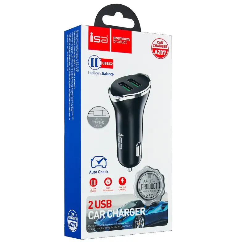 Автомобильное зарядное устройство с кабелем USB на Type-C + 2 USB 2A AZ-07 ISA черное