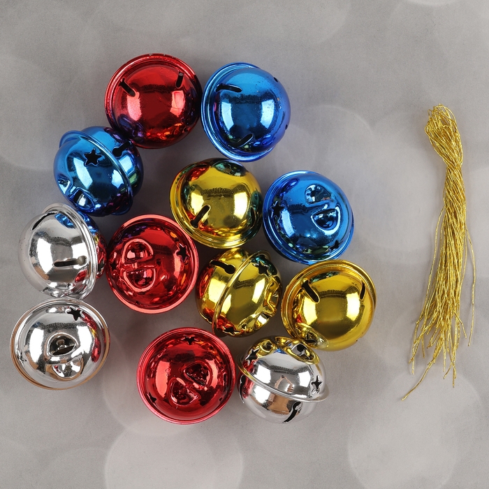 Бубенчики, набор 12 шт., размер 1 шт: 3×3 см, цвет красный, жёлтый, синий, серебряный Бубенчики, набор 12 шт., размер 1 шт: 3×3 см, цвет красный, жёлтый, синий, серебряный