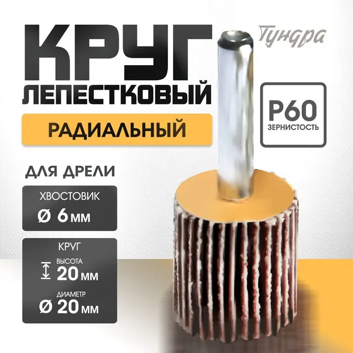 Круг лепестковый радиальный ТУНДРА, 20×20×6 мм, Р60 Круг лепестковый радиальный ТУНДРА, 20×20×6 мм, Р60