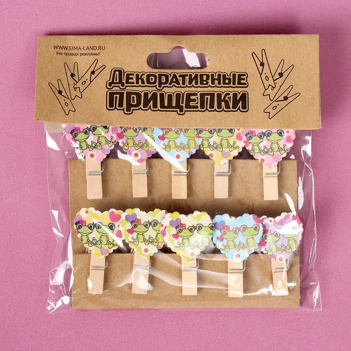 Прищепки декоративные с верёвкой для подвеса «Сердечки» набор 10 шт., 2,5 × 12,5 × 13,5 см
