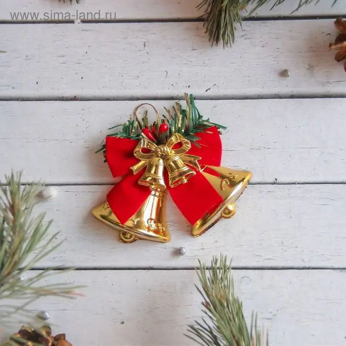 Ёлочная игрушка «Зимнее волшебство. Колокольчики с бантом» пластик, 8×6 см, красно- золотой Ёлочная игрушка «Зимнее волшебство. Колокольчики с бантом» пластик, 8×6 см, красно- золотой