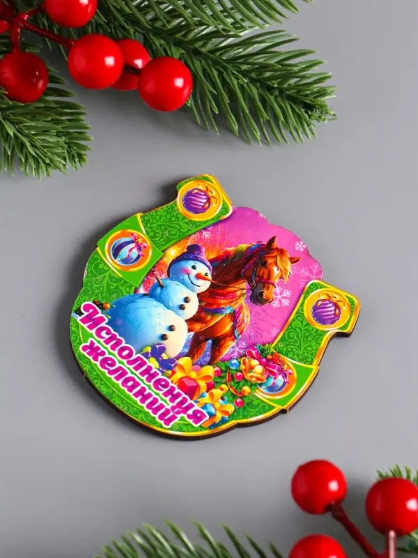 Магнит новогодний подкова "Исполнения желаний" 7х7 см