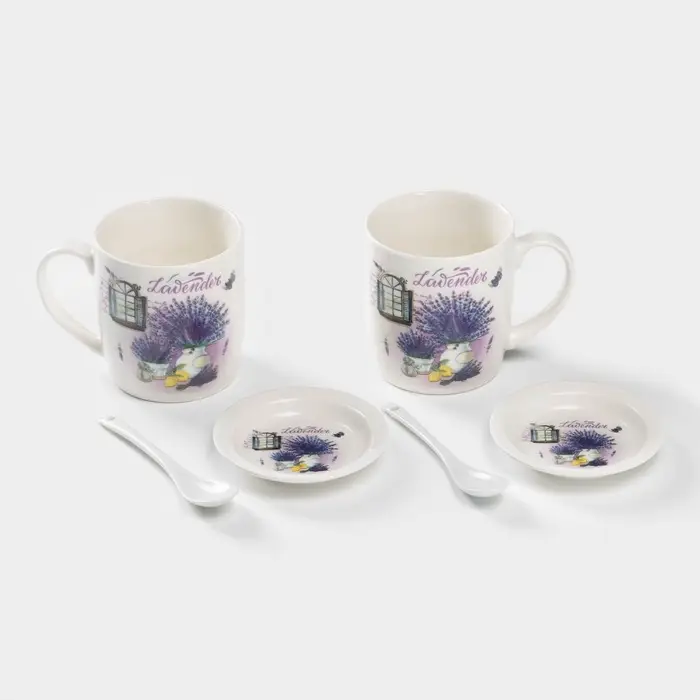 Набор кружек с ложками и подставками &laquo;Букет лаванды&raquo;, 2 предмета: 330 мл, керамика, рисунок МИКС