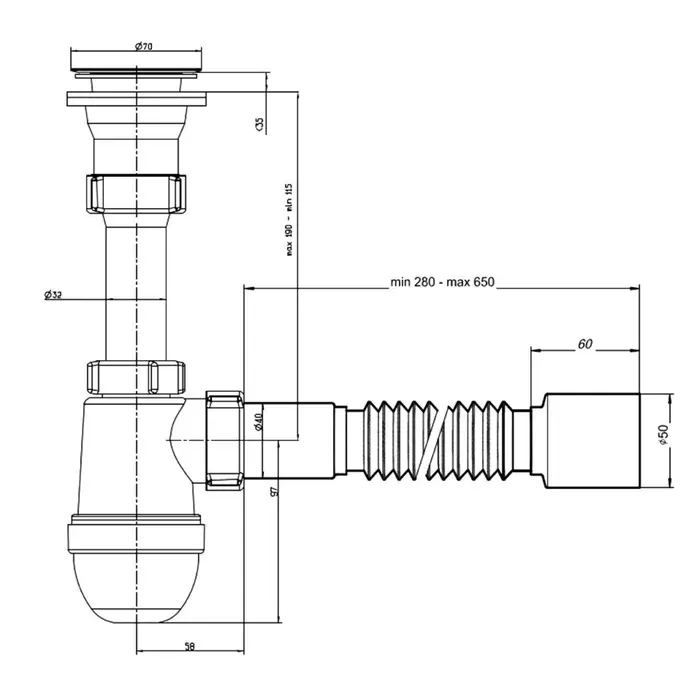 Сифон универсальный &laquo;АНИ Пласт&raquo; Варяг C5510, 1 1/2" &times; 40 мм, с гибкой трубой 40&times;50 мм