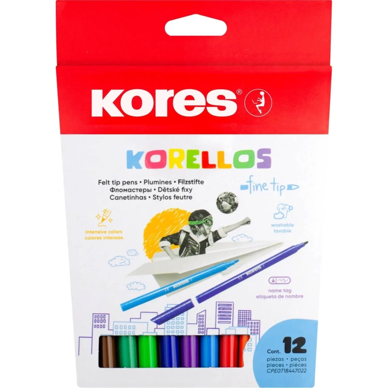 Фломастеры KORELLOS Kores 12 цветов, в картонной коробке с подвесом, 29013