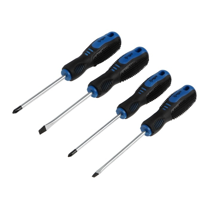 Набор отверток ТУНДРА, CrV, хром, магнит, 2К рукоятки, PH1,PH2,SL5,SL6 х 100 мм, 4 шт. Набор отверток ТУНДРА, CrV, хром, магнит, 2К рукоятки, PH1,PH2,SL5,SL6 х 100 мм, 4 шт.