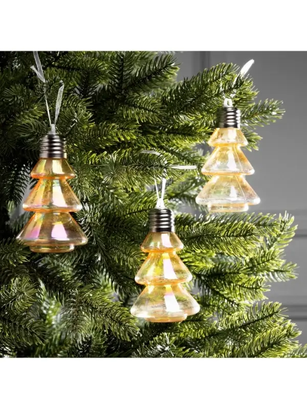 Набор ёлочных шаров &laquo;Ёлки-конусы&raquo;, 3 шт., d=10&times;6 см, 3 LED, от батареек AG13&times;9, свечение тёплое белое