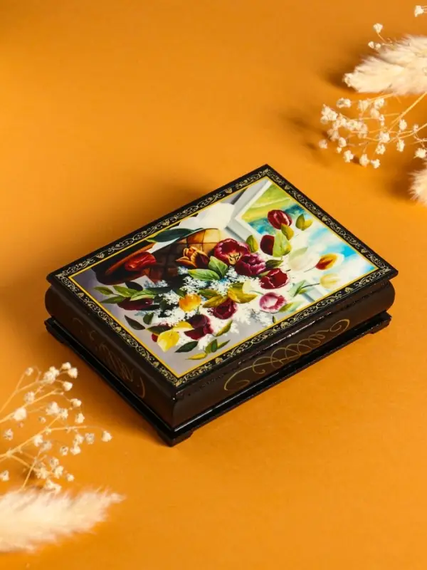 Шкатулка «Цветы в корзине», 10×14 см, лаковая миниатюра