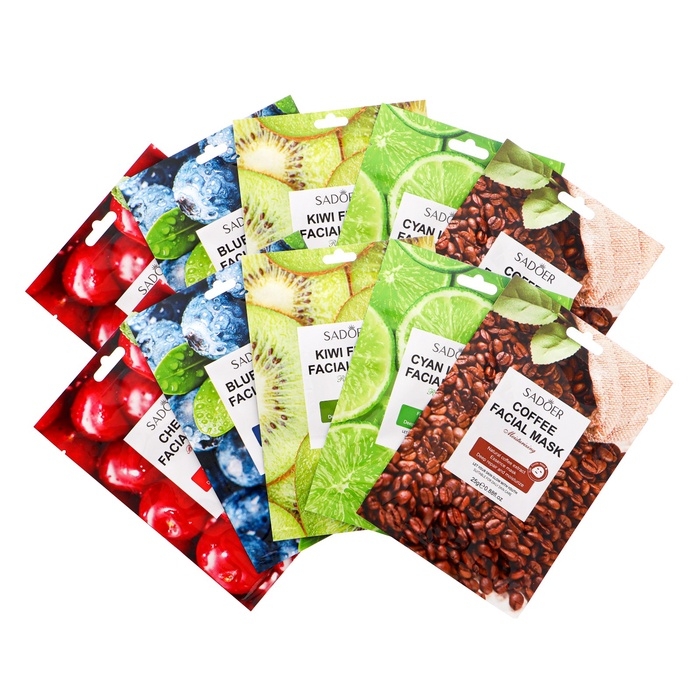 Набор масок для лица с экстрактами: киви, голубики, вишни, кофе и лайма, 10 шт Набор масок для лица с экстрактами: киви, голубики, вишни, кофе и лайма, 10 шт