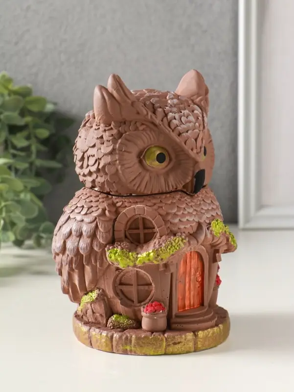 Шкатулка для украшений с крышкой «Сова Теремок», 15×10 см, гипс, коричневый с росписью Шкатулка для украшений с крышкой «Сова Теремок», 15×10 см, гипс, коричневый с росписью
