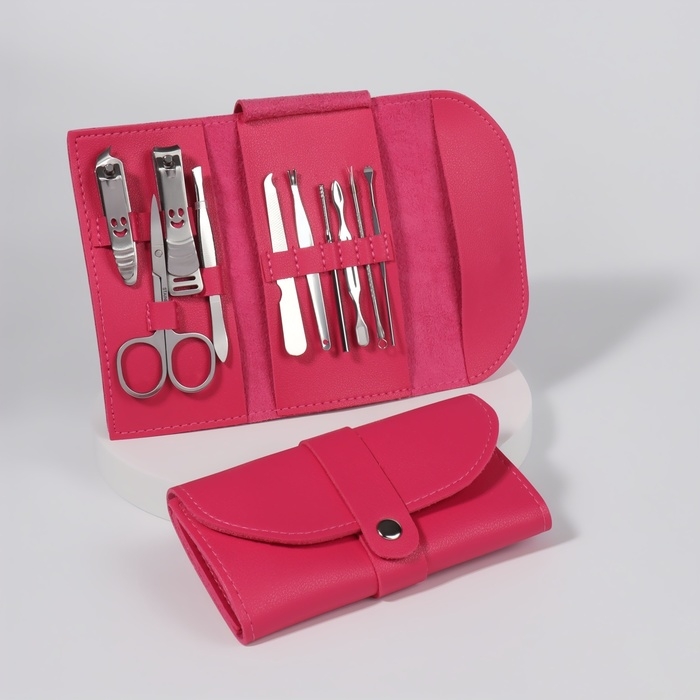 Набор маникюрный «Люси», 10 предметов, кожзам-чехол, цвет фуксия