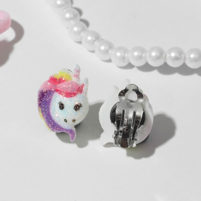 Набор детский 4 предмета: клипсы, бусы, браслет, кольцо «Единорожка», цветной Набор детский 4 предмета: клипсы, бусы, браслет, кольцо «Единорожка», цветной