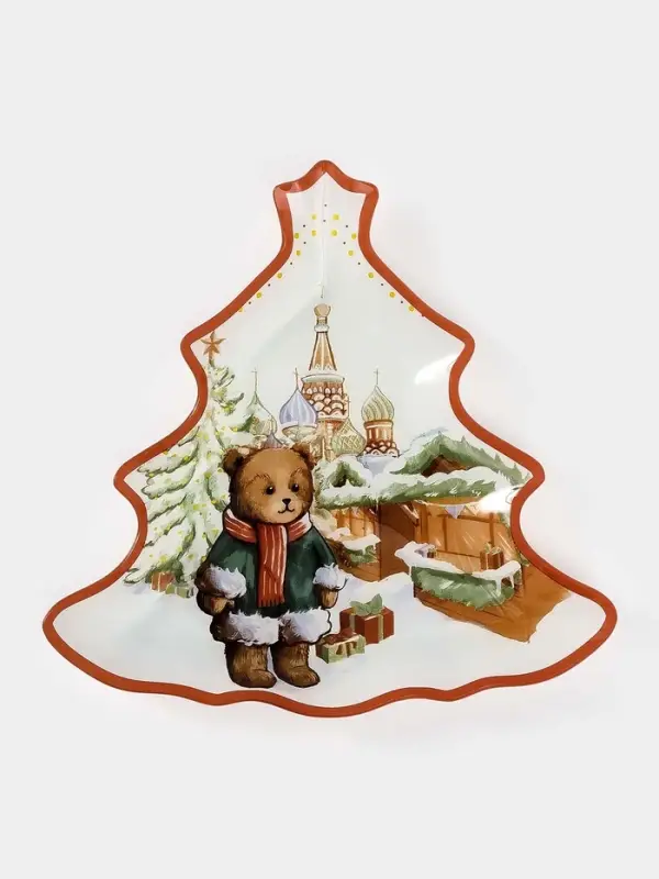 Блюдо сервировочное новогоднее Доляна «Московкий мишка», 24.5×24.7×2 см, стекло, белое, красное Блюдо сервировочное новогоднее Доляна «Московкий мишка», 24.5×24.7×2 см, стекло, белое, красное