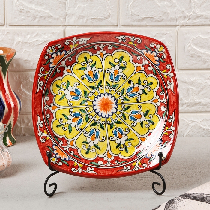 Тарелка Риштанская Керамика "Узоры", красная, 20 см, квадратная