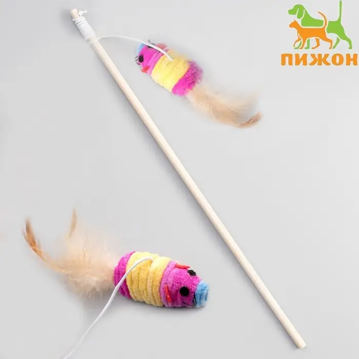 Дразнилка, 40 см, с махровой мышкой 7 см, на деревянной палочке, МИКС