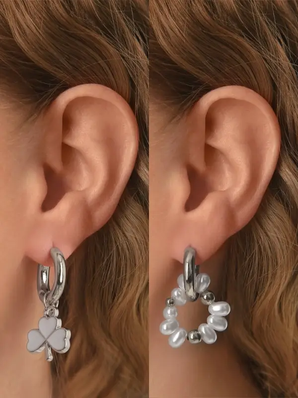 Серьги со съёмным элементом &laquo;Трансформер&raquo;, клевер-сердце, бело-бежевые в серебре