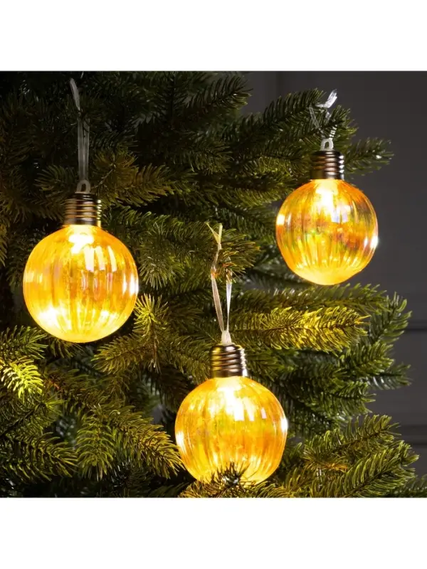 Набор ёлочных шаров &laquo;Золотистые грани&raquo;, 3 шт., d=7 см, 3 LED, от батареек AG13&times;9, свечение тёплое белое