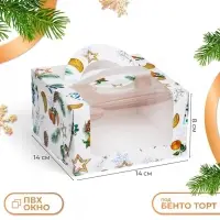 Коробка под бенто - торт с окном &laquo;Мандарины и звезды&raquo;, 14&times;14&times;8 см