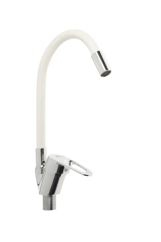 Смеситель для кухни ZEIN Z2110, однорычажный, гибкий излив, картридж 40 мм, белый/хром