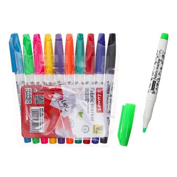 Набор маркеров для ткани 10 цветов, Luxor Набор маркеров для ткани 10 цветов, Luxor "Fabric", 1-2 мм, ПВХ, пулевидный, с европодвесом