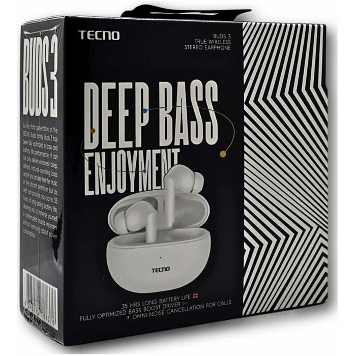 Наушники Tecno Buds 3, беспроводные, TWS, вакуумные, BT 5.3, 37/500 мАч, микрофон, белые Наушники Tecno Buds 3, беспроводные, TWS, вакуумные, BT 5.3, 37/500 мАч, микрофон, белые